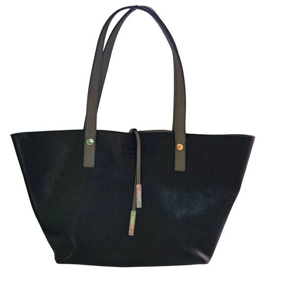 Calvin Klein Black Gray Reversible Leather Tote Bag Magnetic Closure Logo - Picture 4 of 14